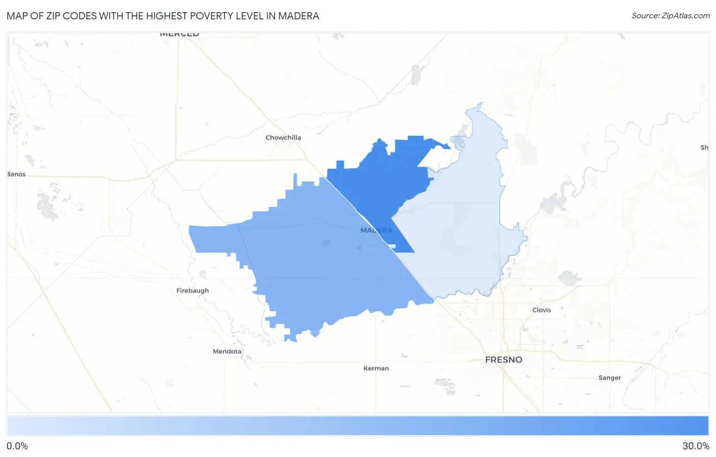 Zip Codes with the Highest Poverty Level in Madera Map