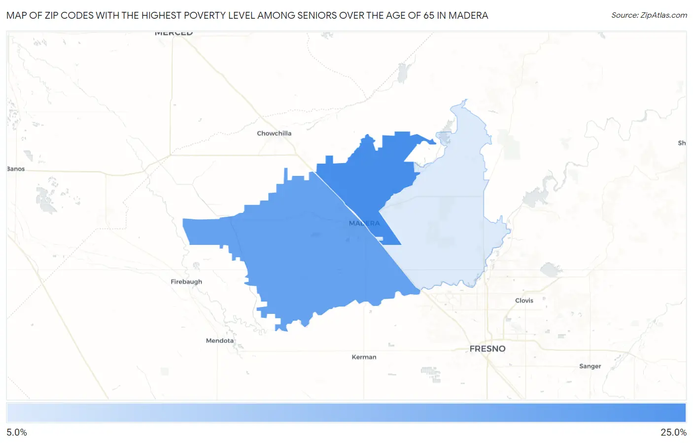 Zip Codes with the Highest Poverty Level Among Seniors Over the Age of 65 in Madera Map