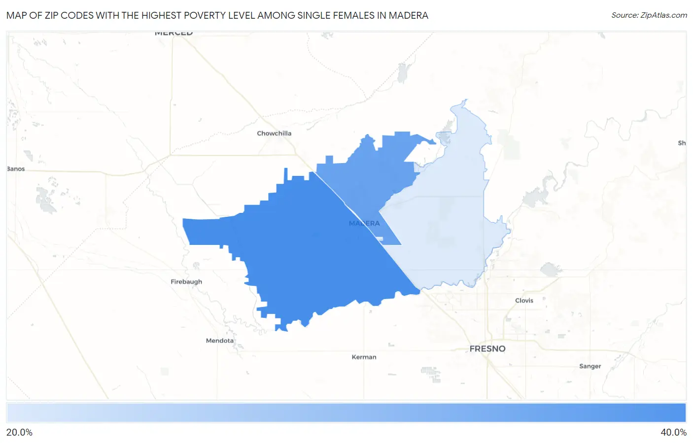 Zip Codes with the Highest Poverty Level Among Single Females in Madera Map