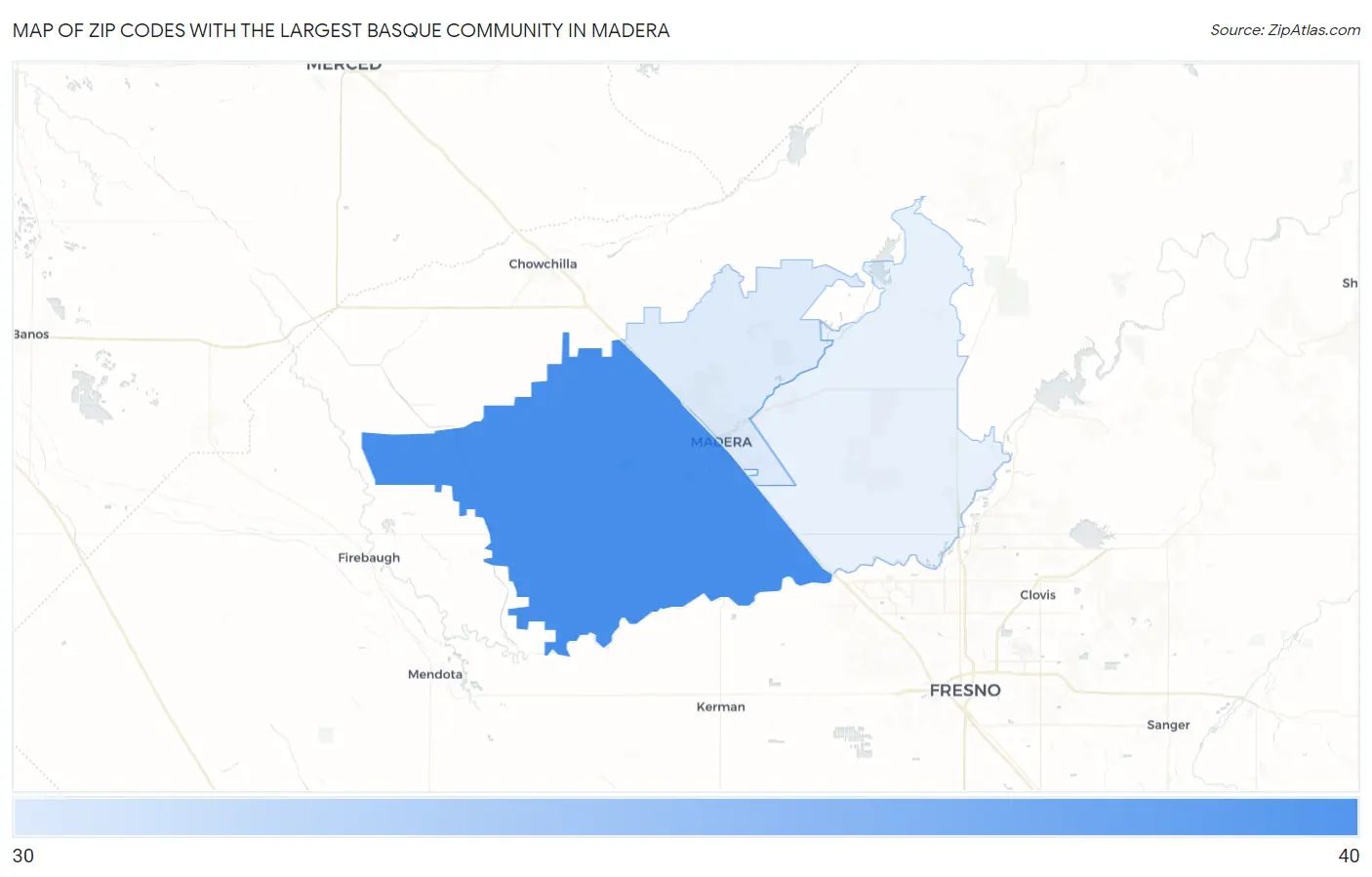 Zip Codes with the Largest Basque Community in Madera Map