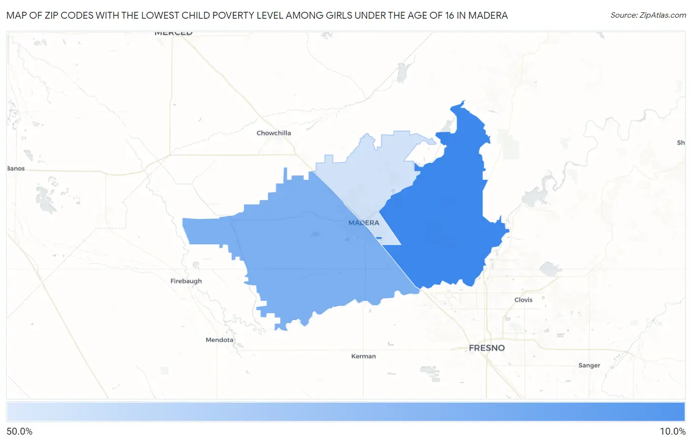Zip Codes with the Lowest Child Poverty Level Among Girls Under the Age of 16 in Madera Map