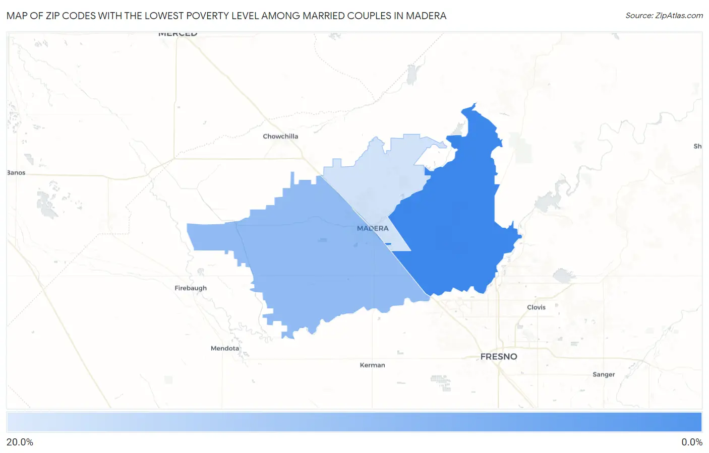 Zip Codes with the Lowest Poverty Level Among Married Couples in Madera Map