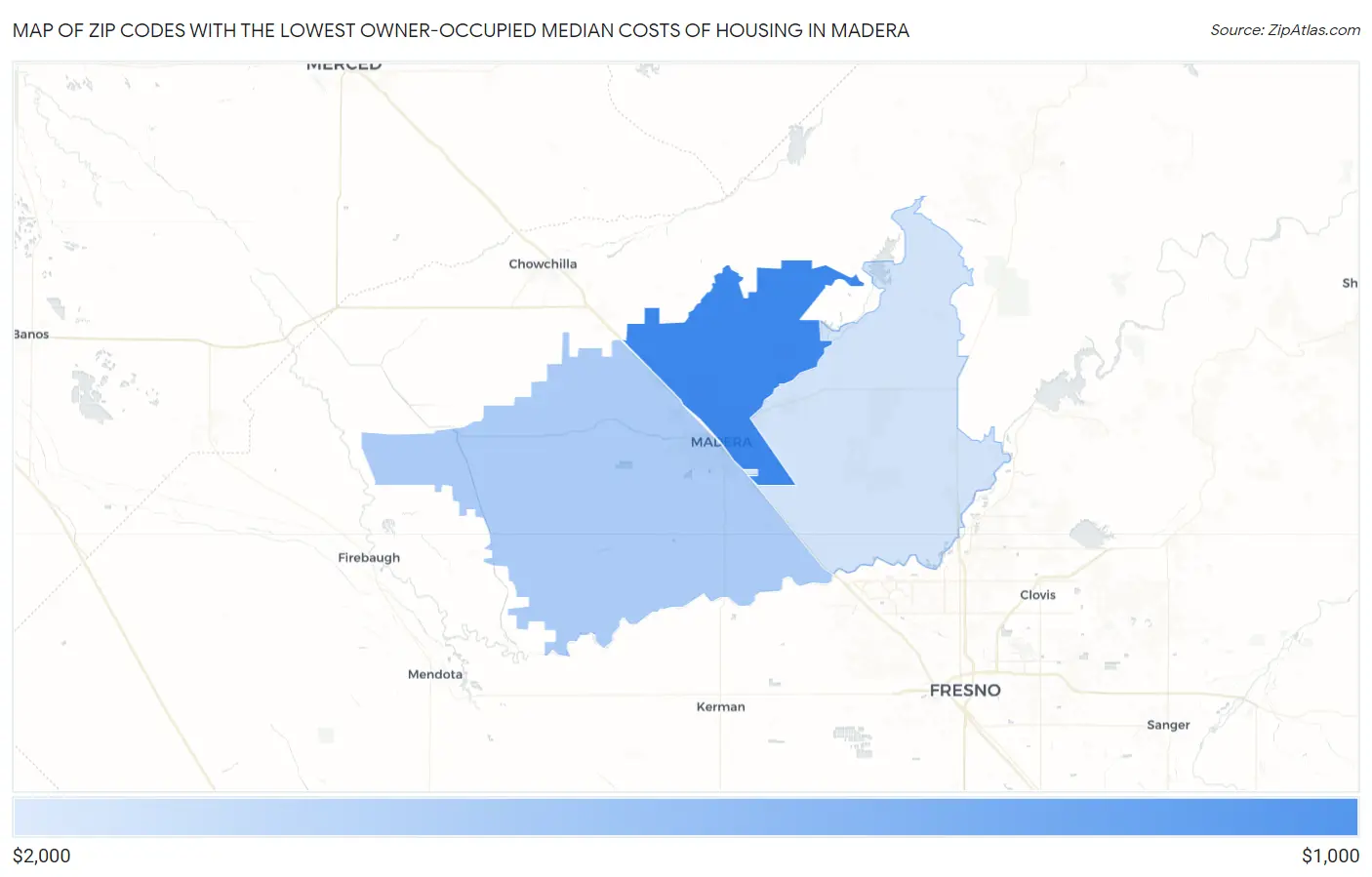 Zip Codes with the Lowest Owner-Occupied Median Costs of Housing in Madera Map
