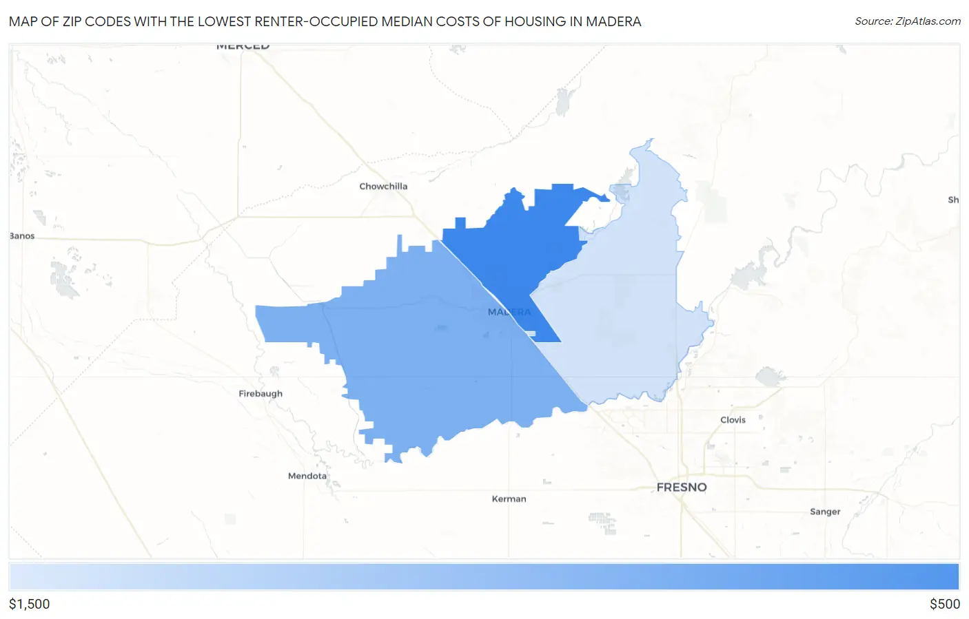 Zip Codes with the Lowest Renter-Occupied Median Costs of Housing in Madera Map