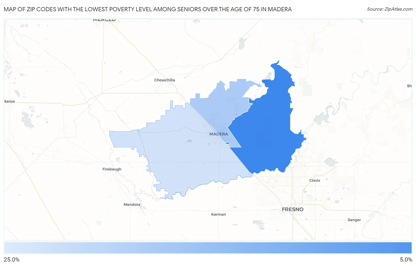 Zip Codes with the Lowest Poverty Level Among Seniors Over the Age of 75 in Madera Map