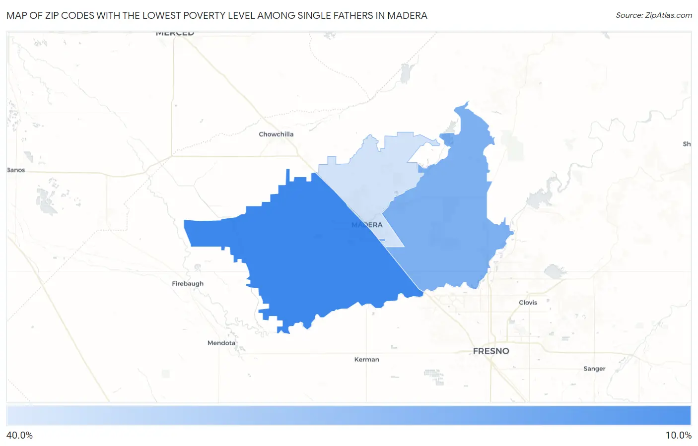 Zip Codes with the Lowest Poverty Level Among Single Fathers in Madera Map