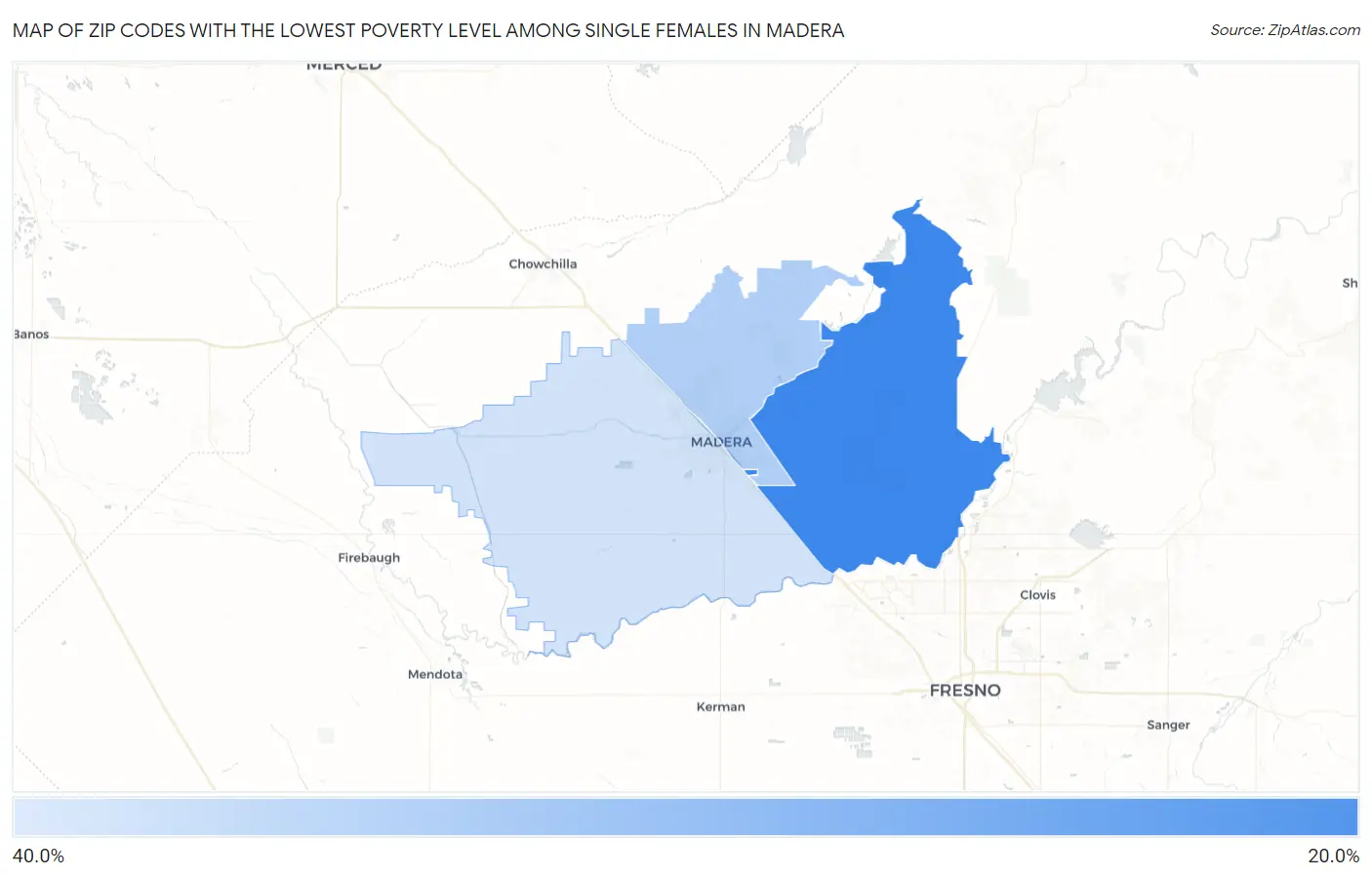 Zip Codes with the Lowest Poverty Level Among Single Females in Madera Map