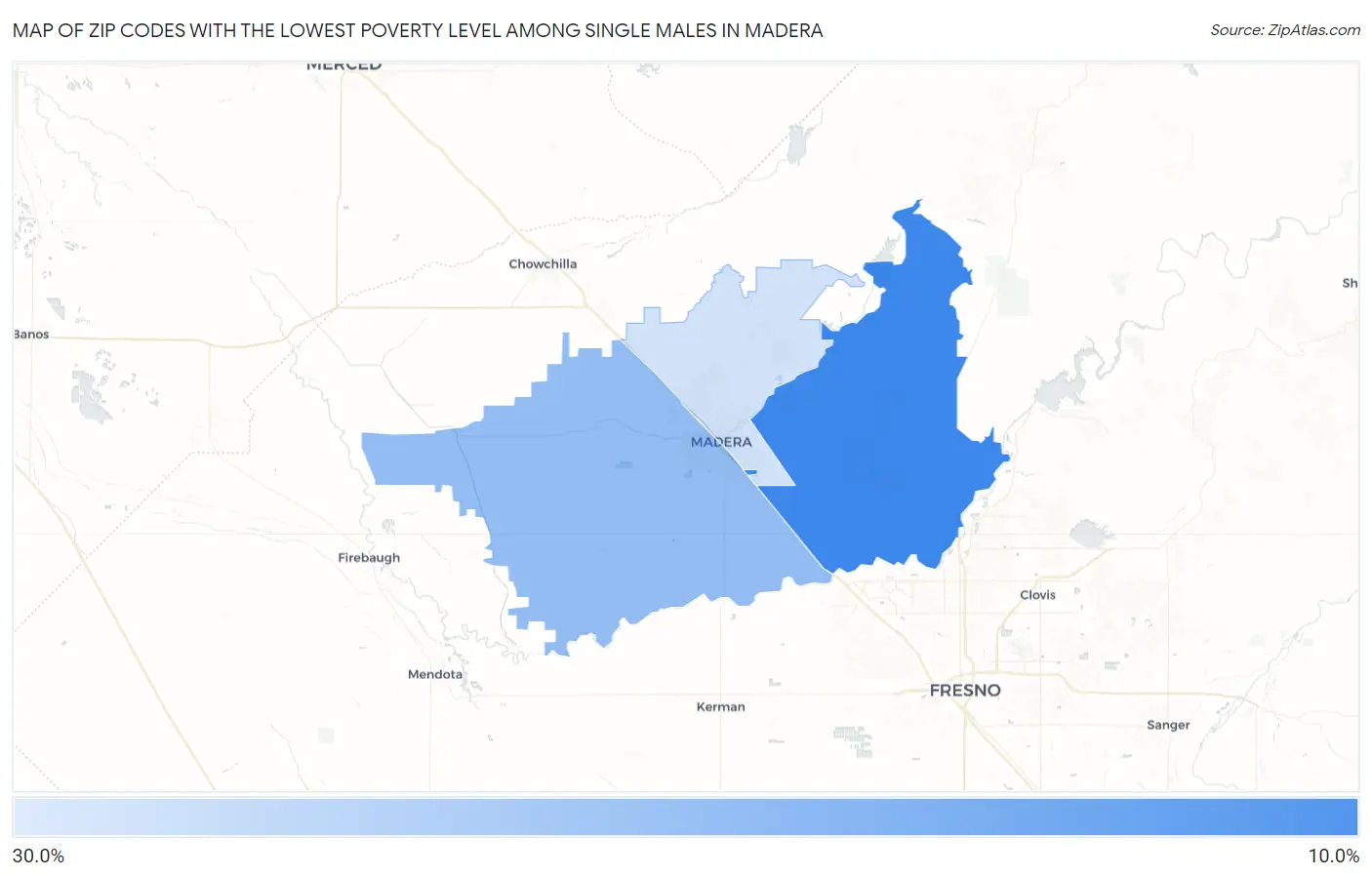 Zip Codes with the Lowest Poverty Level Among Single Males in Madera Map