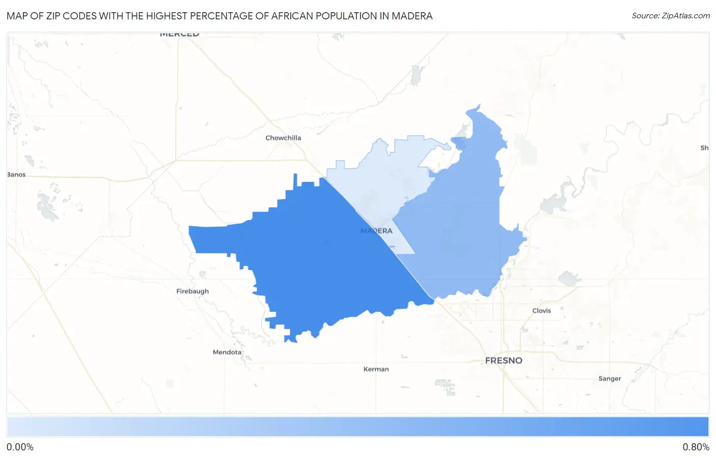 Zip Codes with the Highest Percentage of African Population in Madera Map
