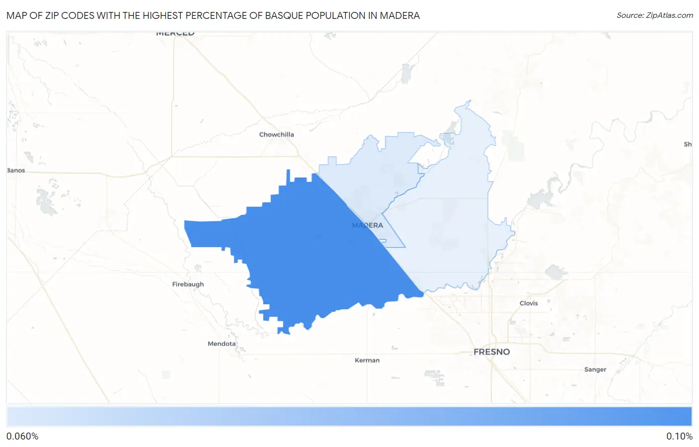 Zip Codes with the Highest Percentage of Basque Population in Madera Map