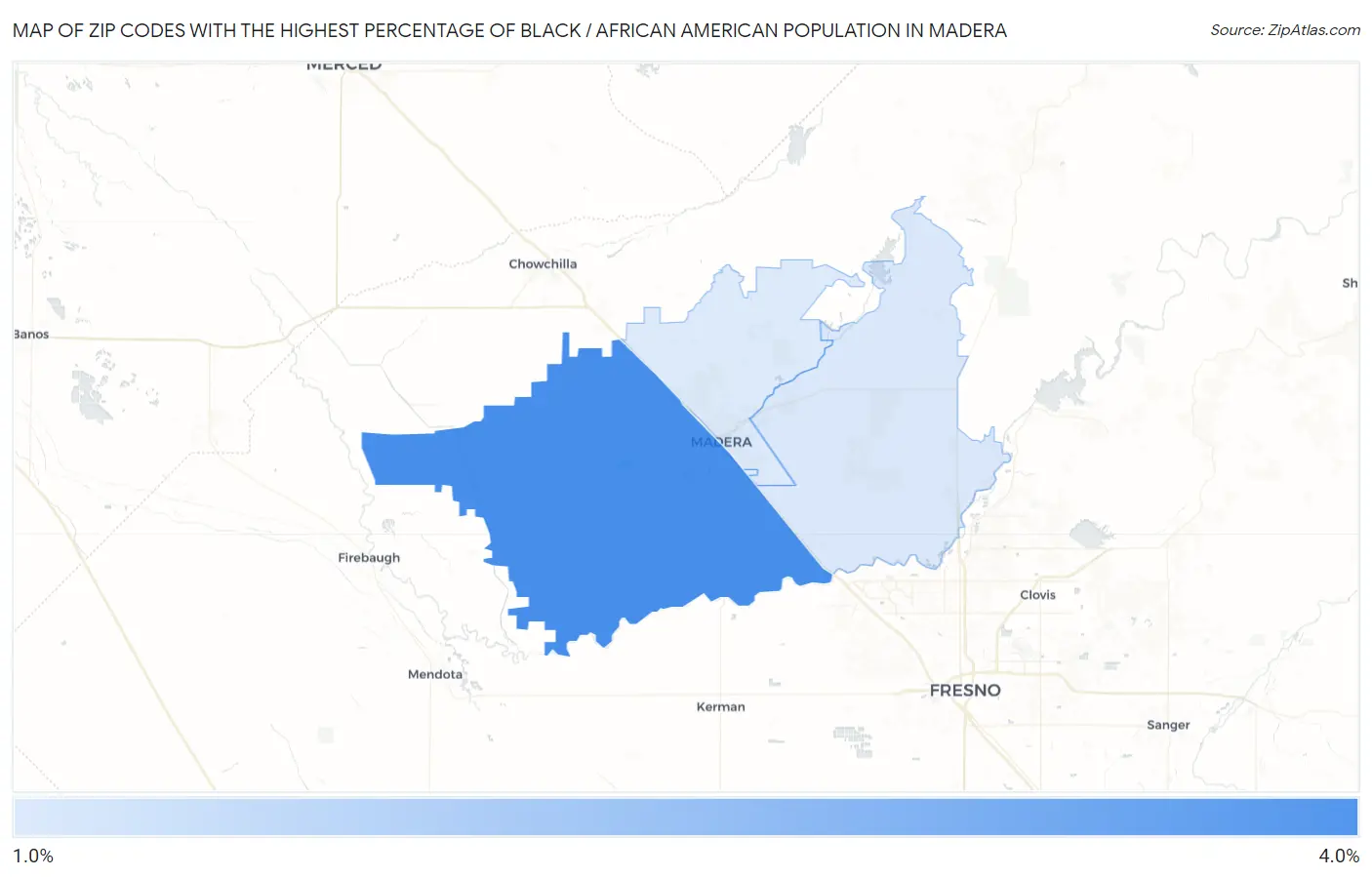 Zip Codes with the Highest Percentage of Black / African American Population in Madera Map