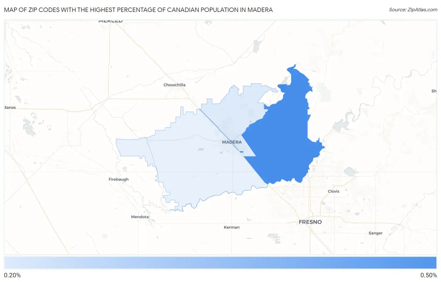 Zip Codes with the Highest Percentage of Canadian Population in Madera Map