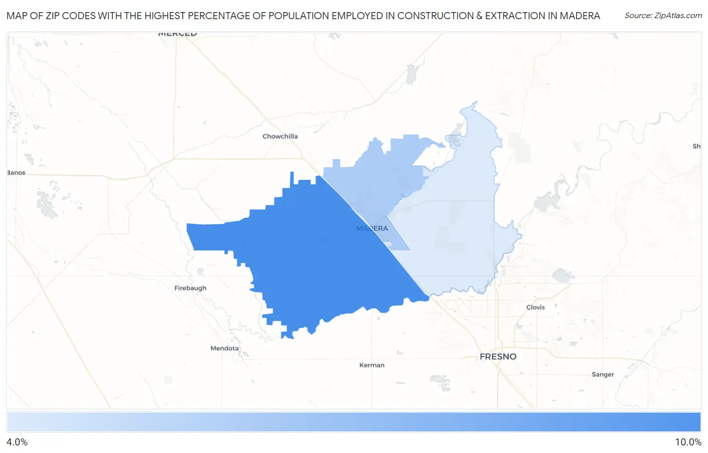 Zip Codes with the Highest Percentage of Population Employed in Construction & Extraction in Madera Map