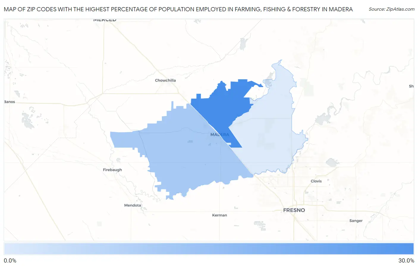 Zip Codes with the Highest Percentage of Population Employed in Farming, Fishing & Forestry in Madera Map