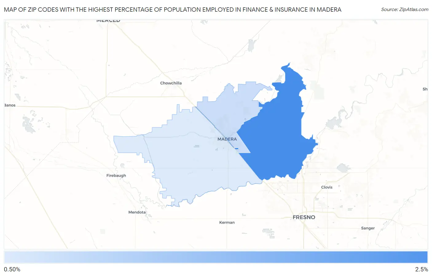 Zip Codes with the Highest Percentage of Population Employed in Finance & Insurance in Madera Map
