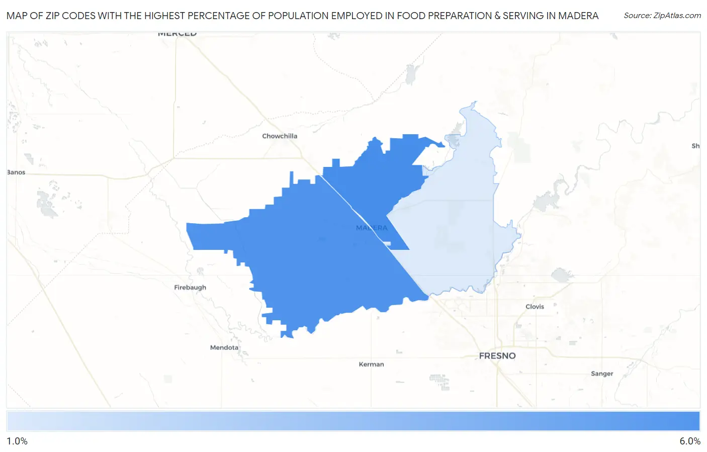 Zip Codes with the Highest Percentage of Population Employed in Food Preparation & Serving in Madera Map