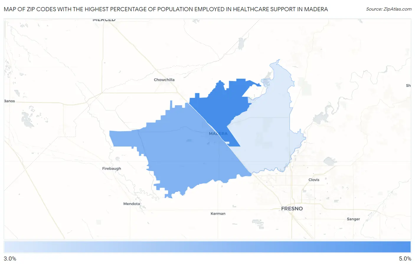 Zip Codes with the Highest Percentage of Population Employed in Healthcare Support in Madera Map