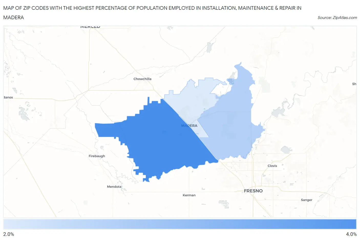 Zip Codes with the Highest Percentage of Population Employed in Installation, Maintenance & Repair in Madera Map