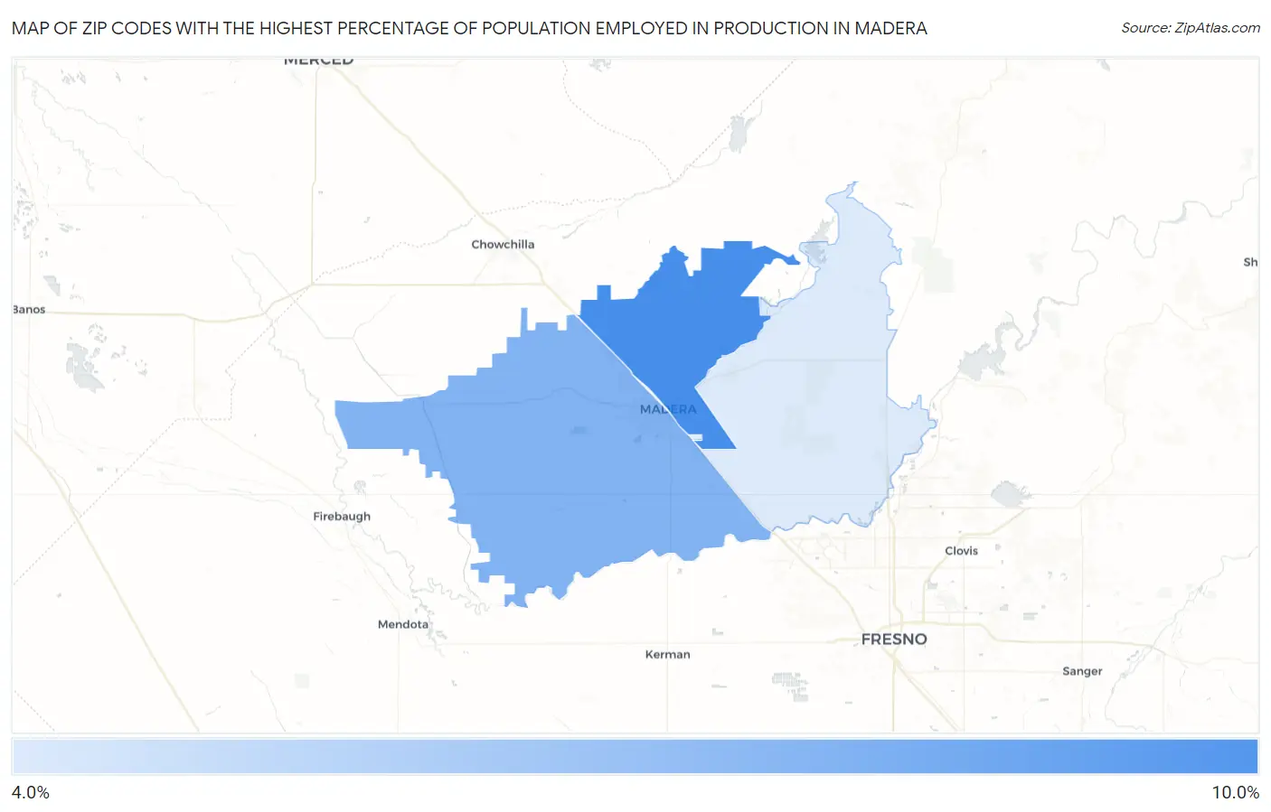 Zip Codes with the Highest Percentage of Population Employed in Production in Madera Map
