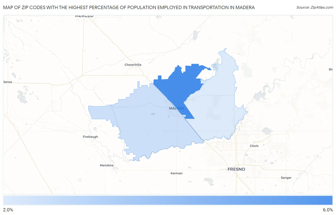 Zip Codes with the Highest Percentage of Population Employed in Transportation in Madera Map