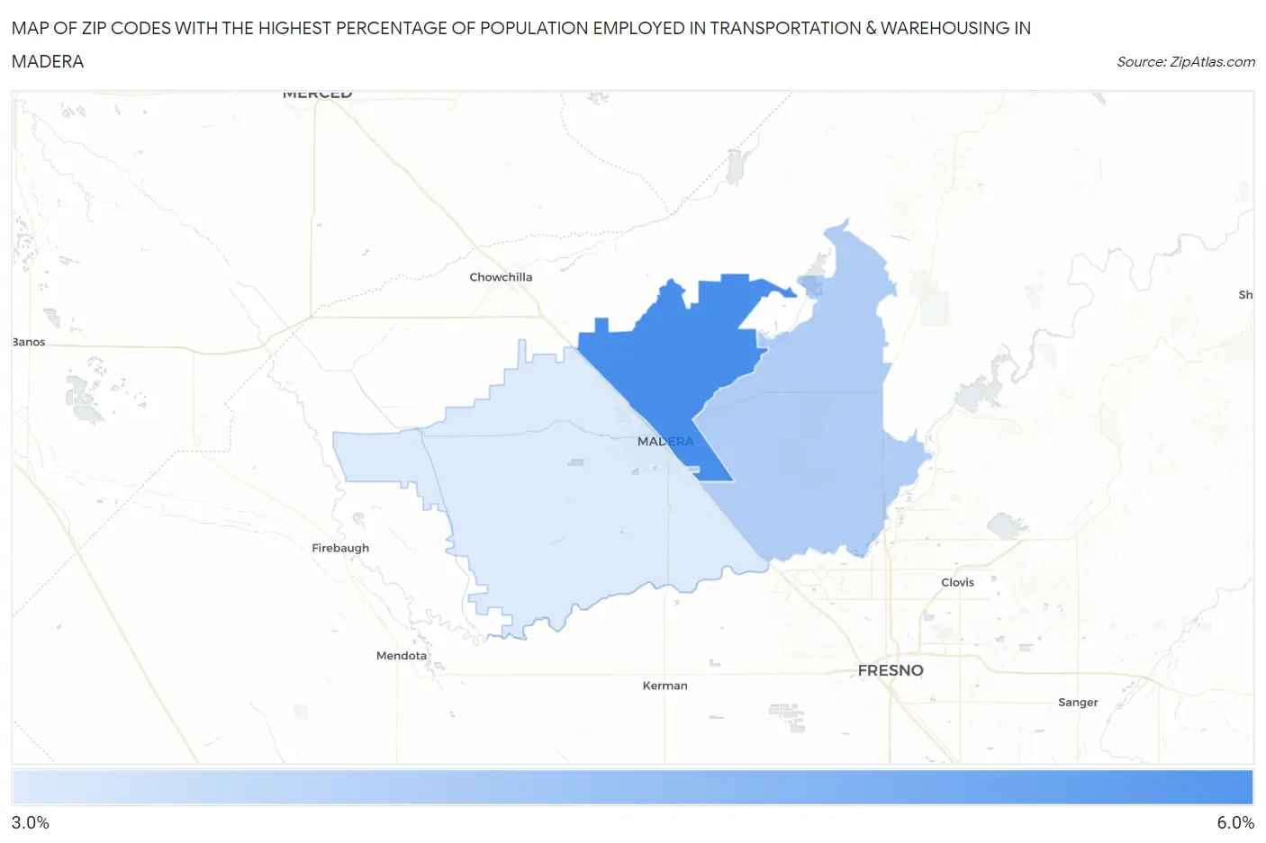 Zip Codes with the Highest Percentage of Population Employed in Transportation & Warehousing in Madera Map