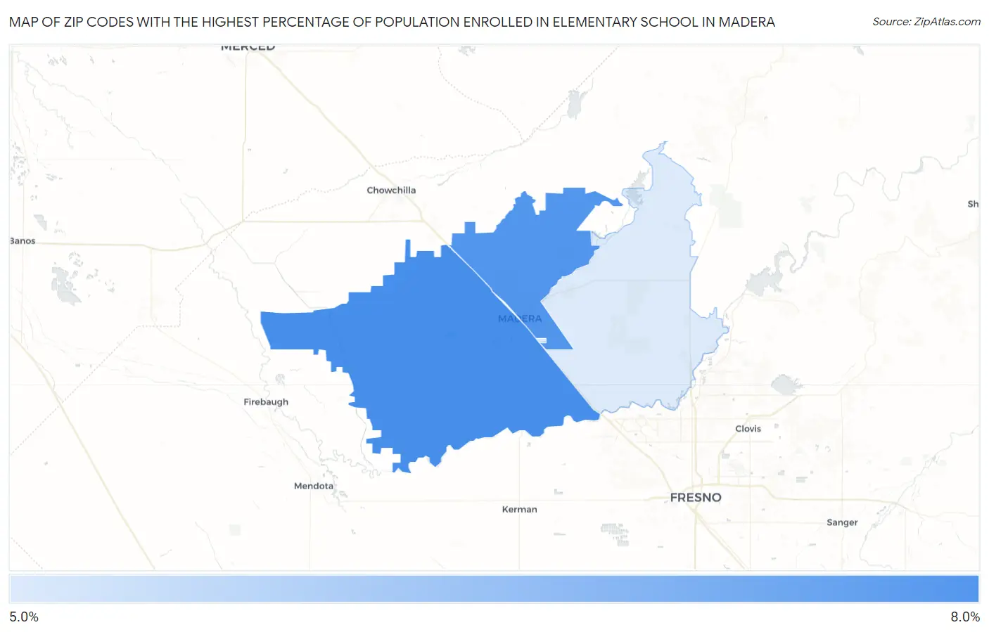 Zip Codes with the Highest Percentage of Population Enrolled in Elementary School in Madera Map