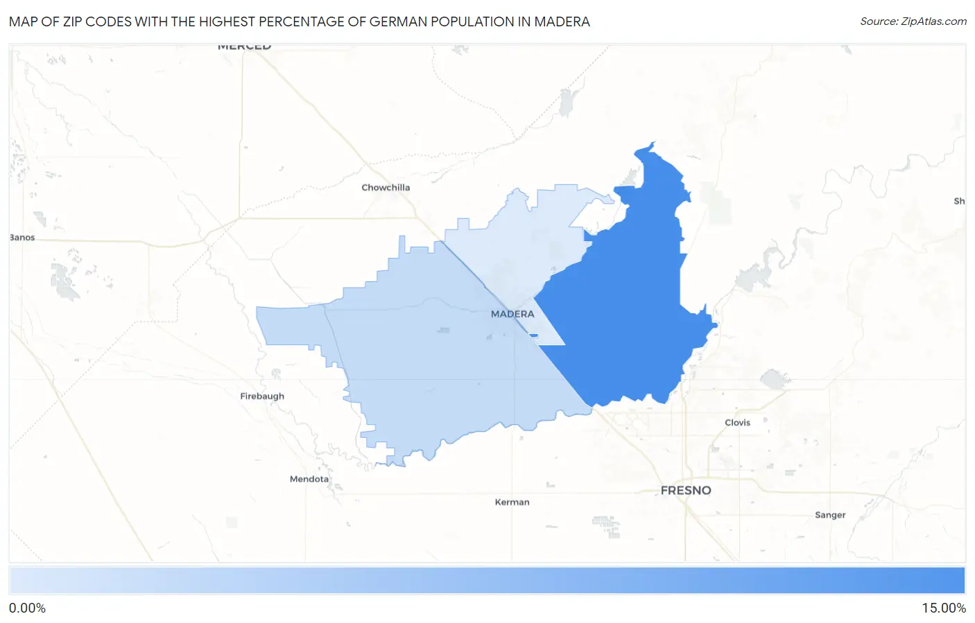 Zip Codes with the Highest Percentage of German Population in Madera Map