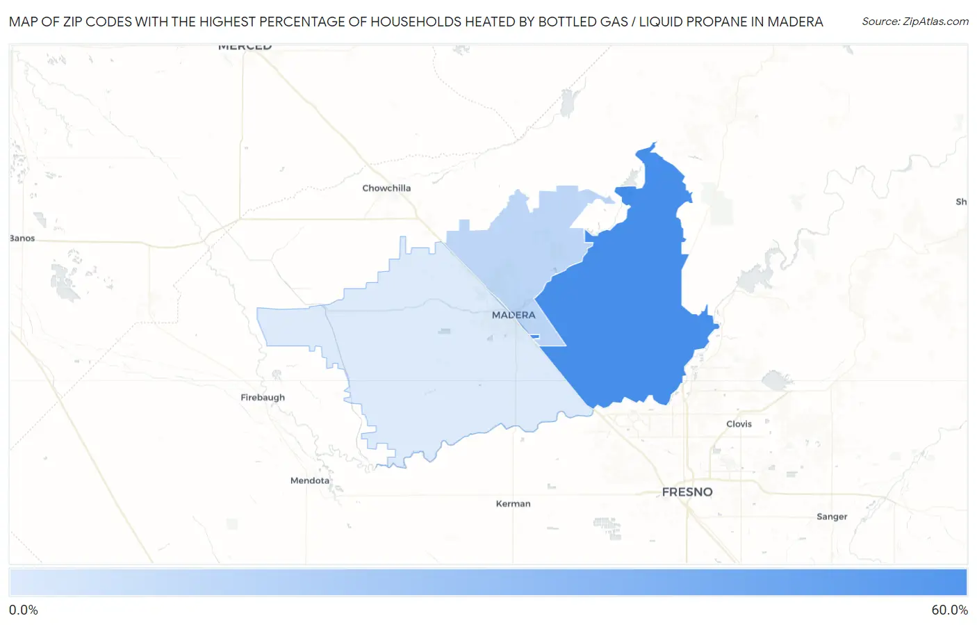 Zip Codes with the Highest Percentage of Households Heated by Bottled Gas / Liquid Propane in Madera Map