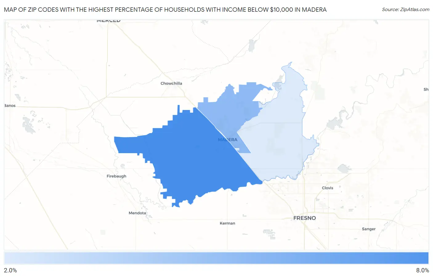 Zip Codes with the Highest Percentage of Households with Income Below $10,000 in Madera Map
