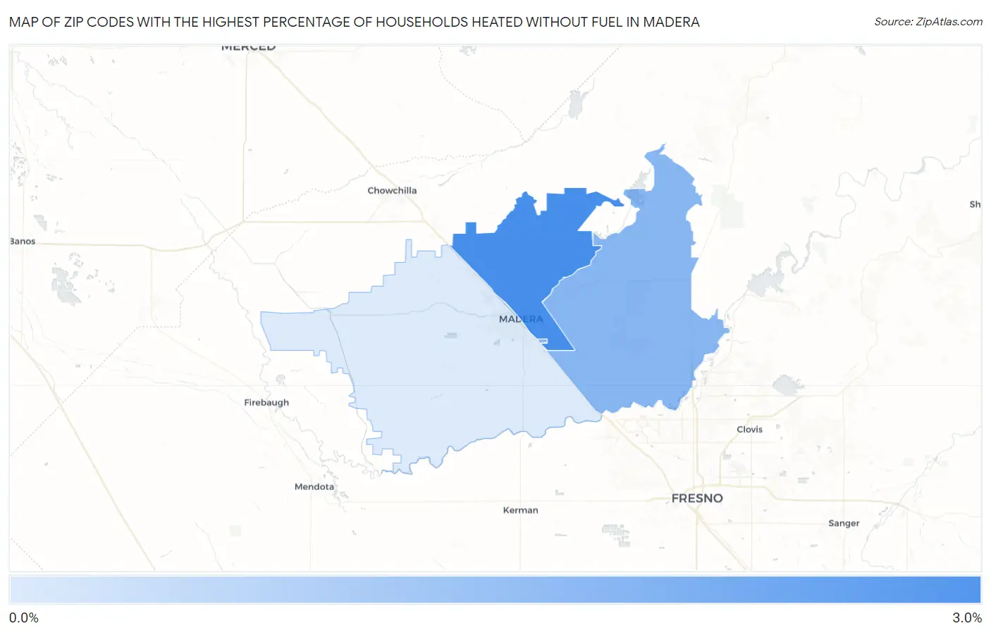 Zip Codes with the Highest Percentage of Households Heated without Fuel in Madera Map