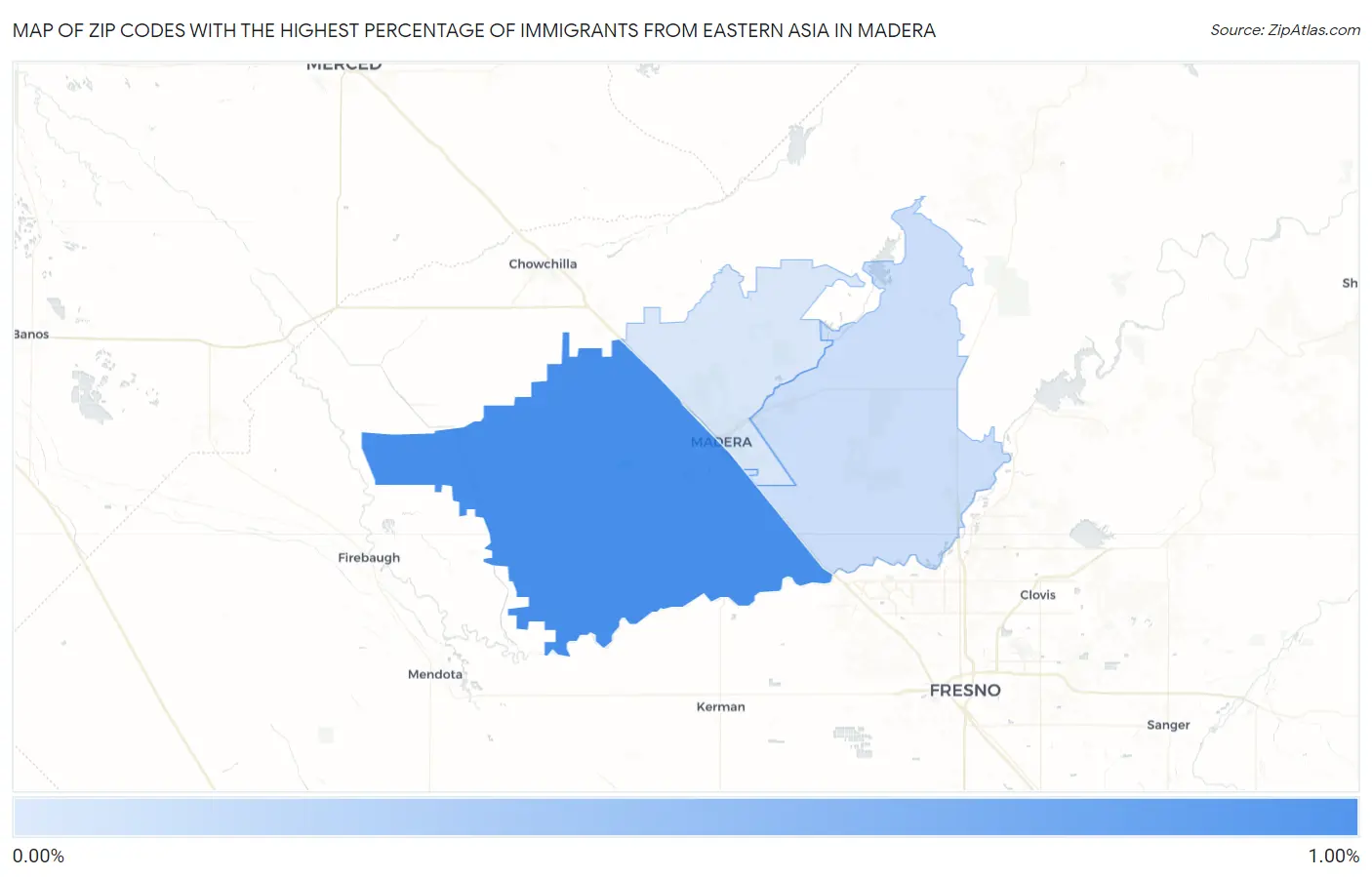 Zip Codes with the Highest Percentage of Immigrants from Eastern Asia in Madera Map