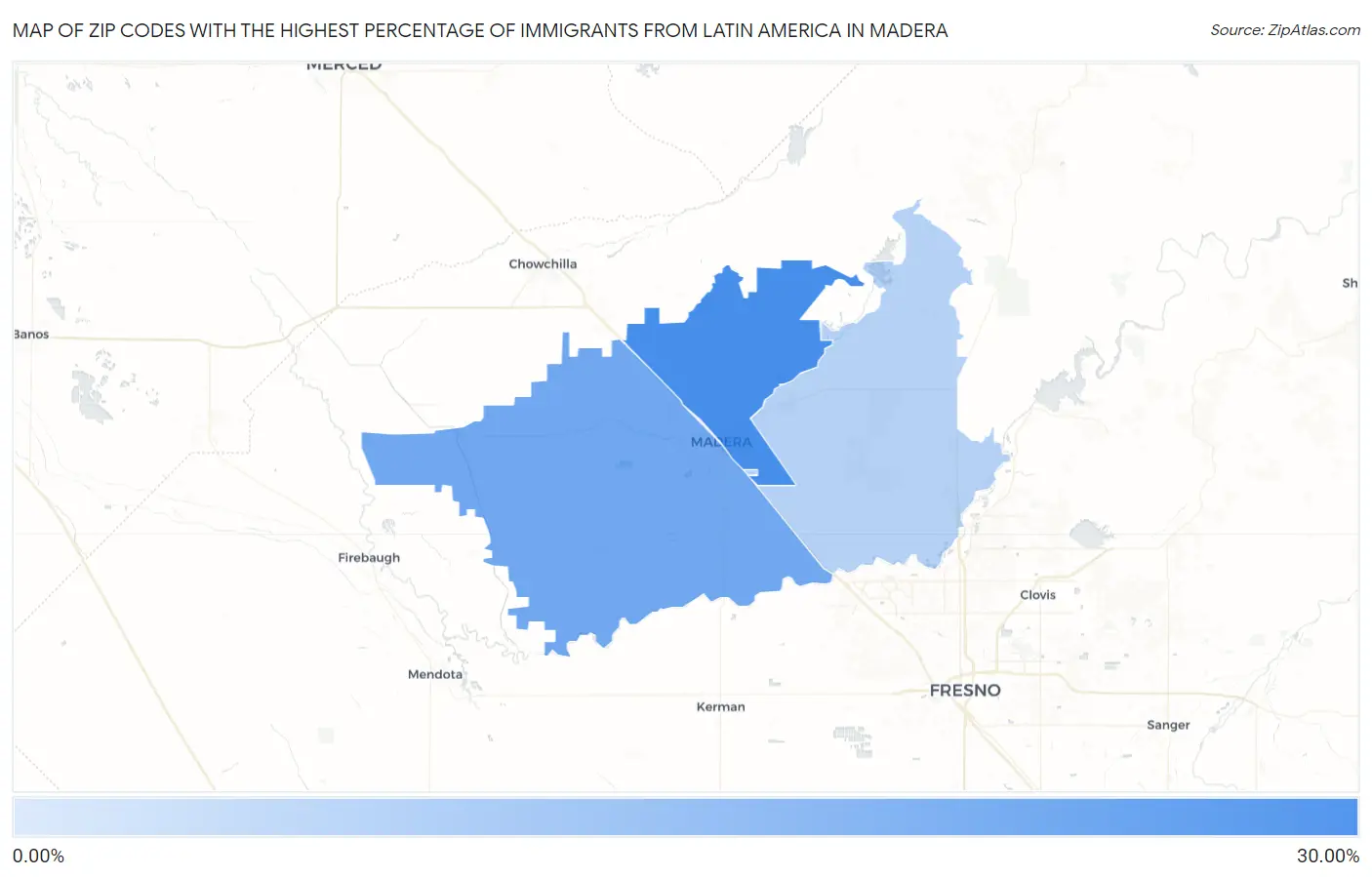 Zip Codes with the Highest Percentage of Immigrants from Latin America in Madera Map
