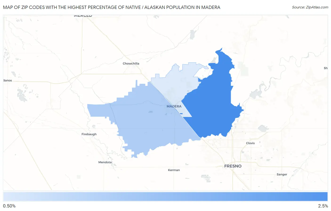 Zip Codes with the Highest Percentage of Native / Alaskan Population in Madera Map