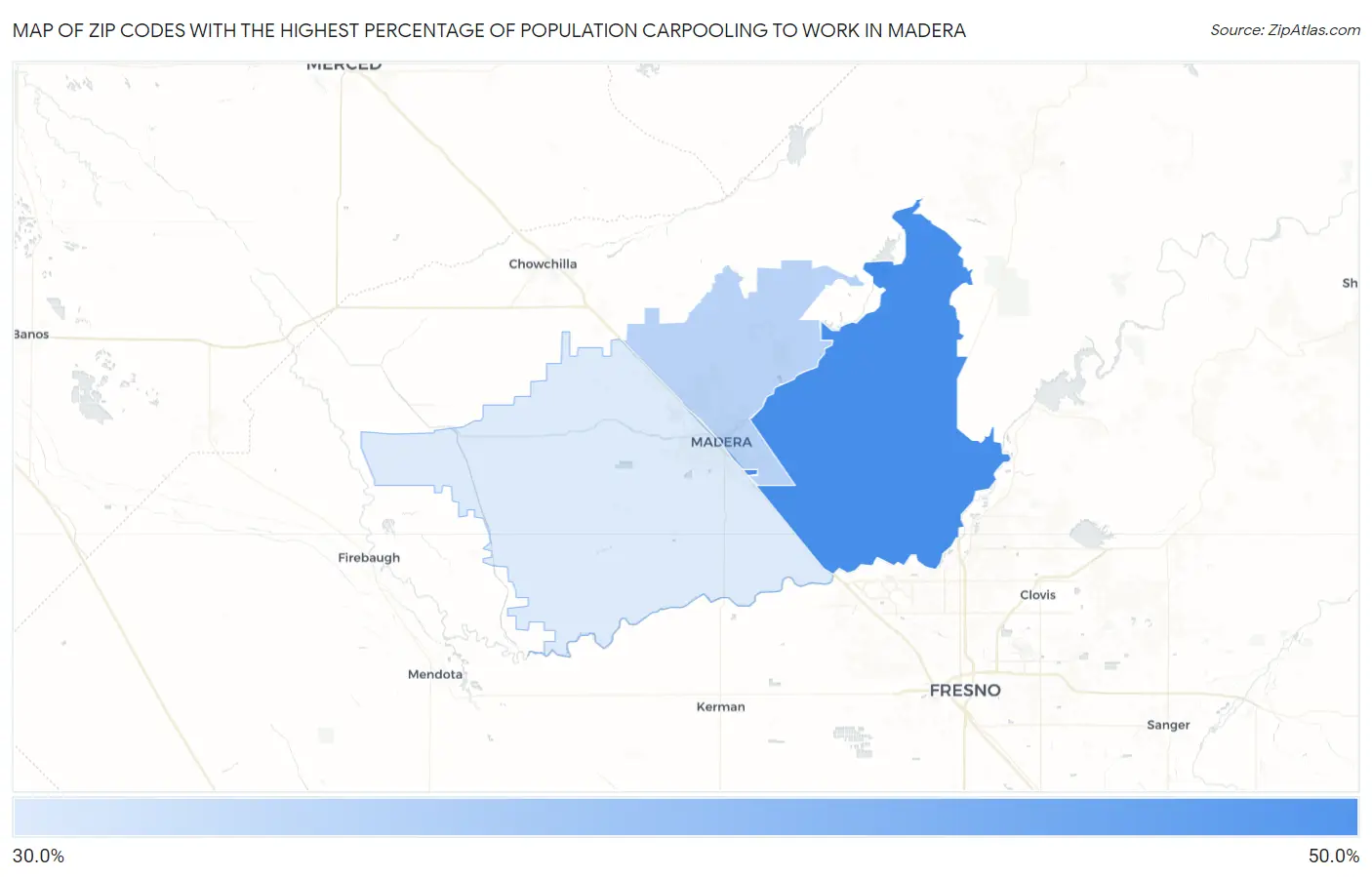 Zip Codes with the Highest Percentage of Population Carpooling to Work in Madera Map