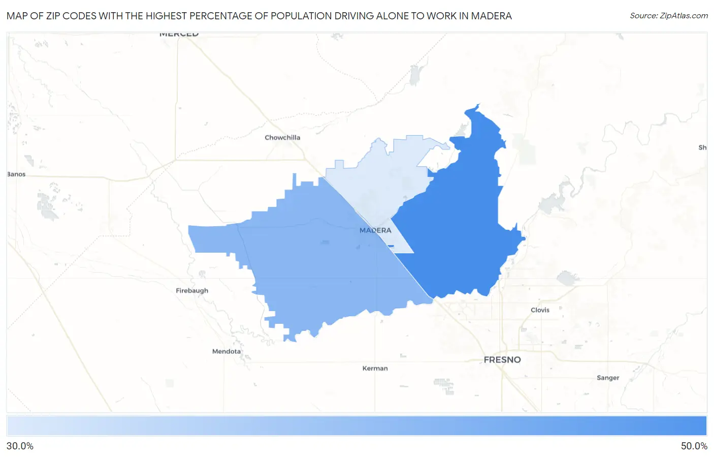 Zip Codes with the Highest Percentage of Population Driving Alone to Work in Madera Map