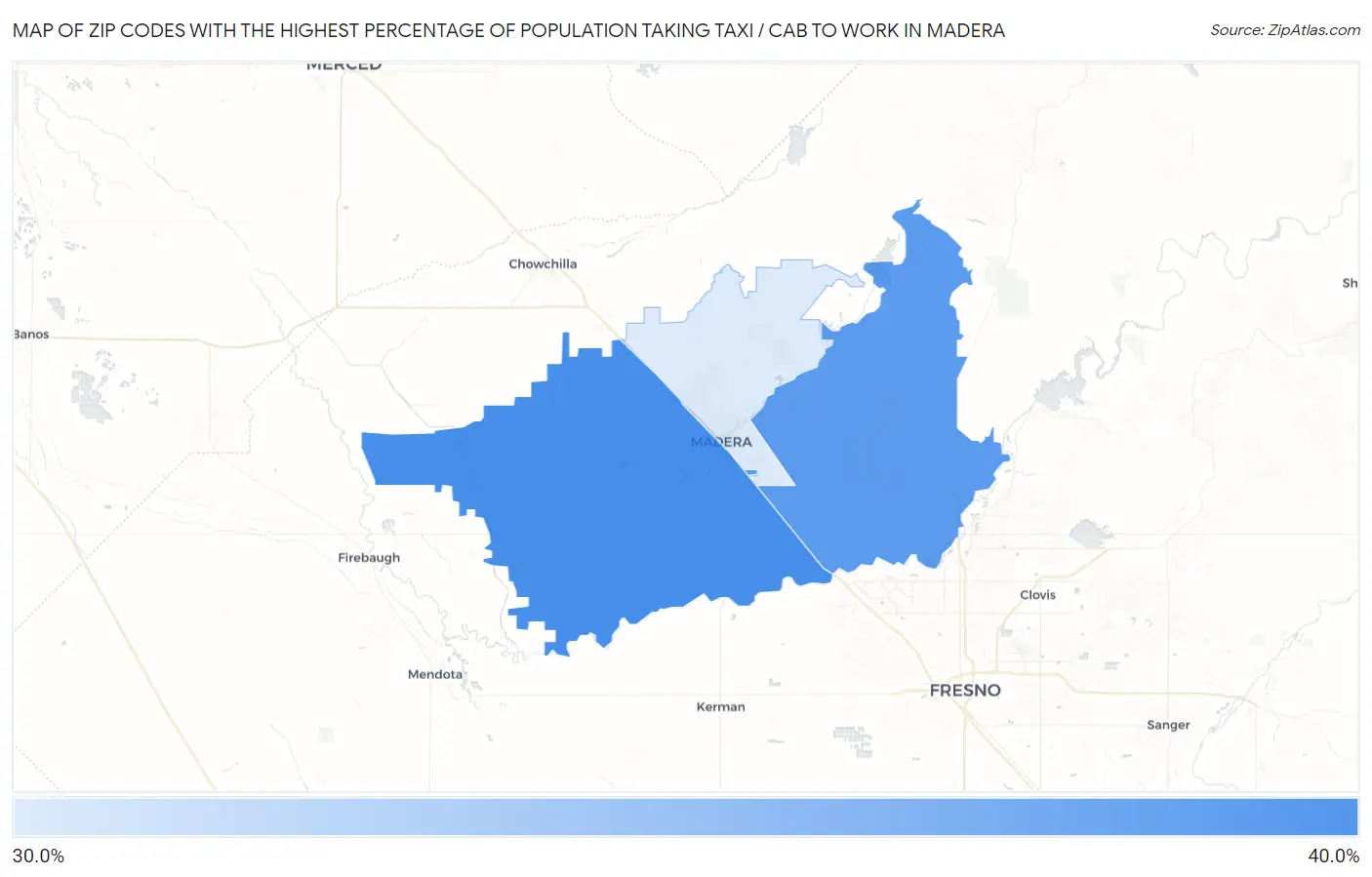 Zip Codes with the Highest Percentage of Population Taking Taxi / Cab to Work in Madera Map