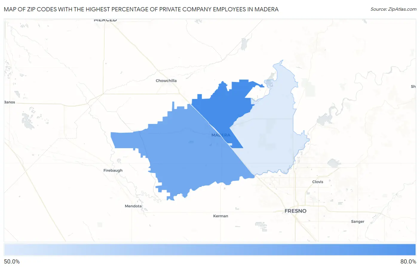 Zip Codes with the Highest Percentage of Private Company Employees in Madera Map