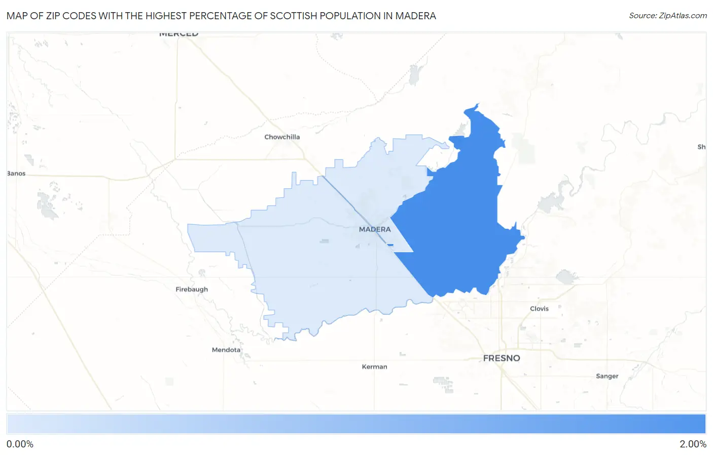 Zip Codes with the Highest Percentage of Scottish Population in Madera Map