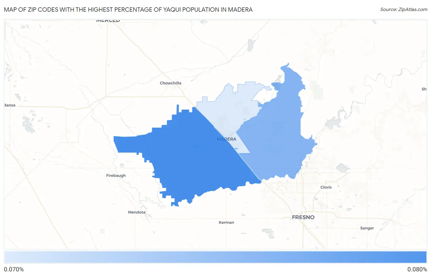 Zip Codes with the Highest Percentage of Yaqui Population in Madera Map