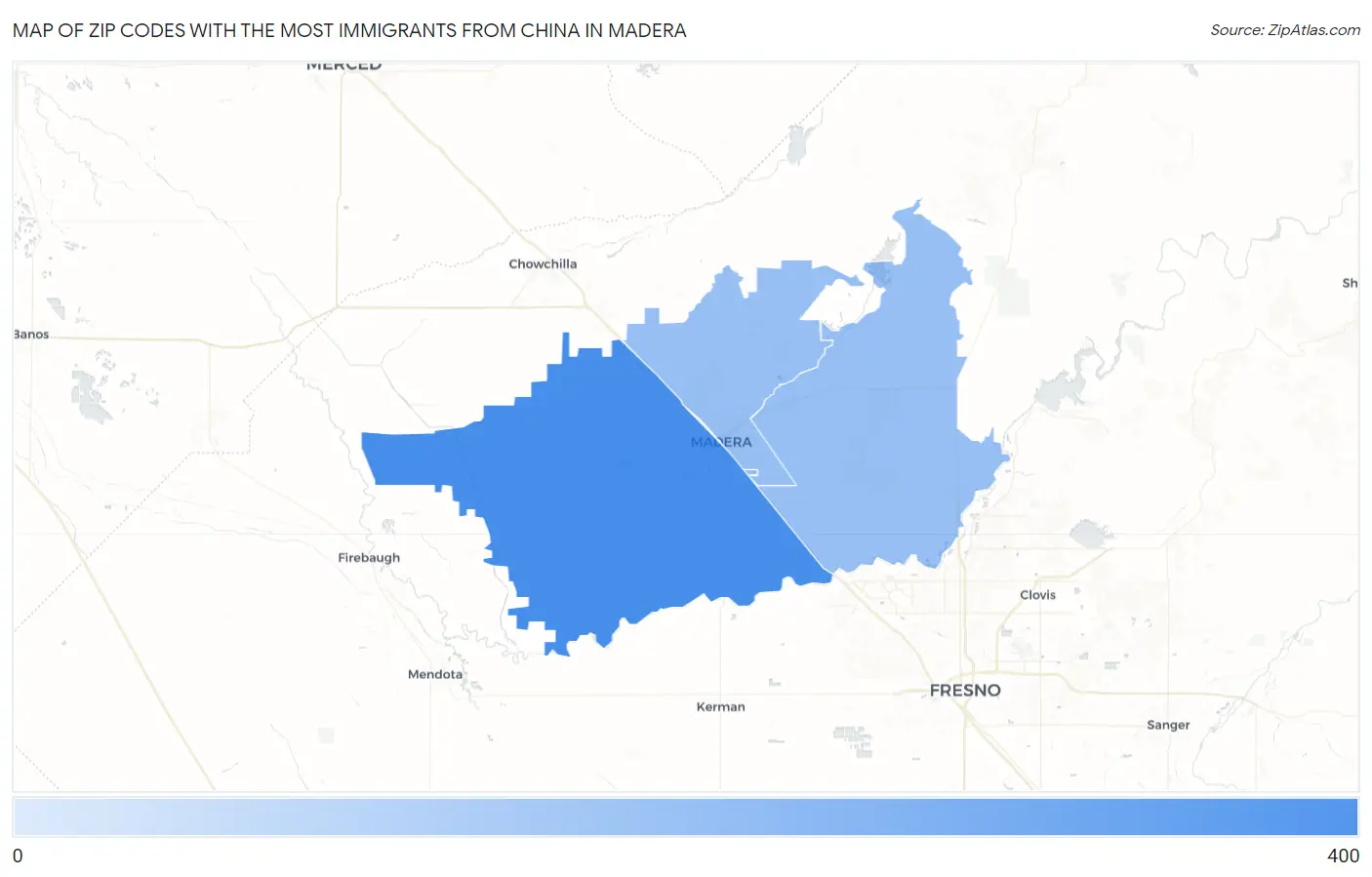 Zip Codes with the Most Immigrants from China in Madera Map