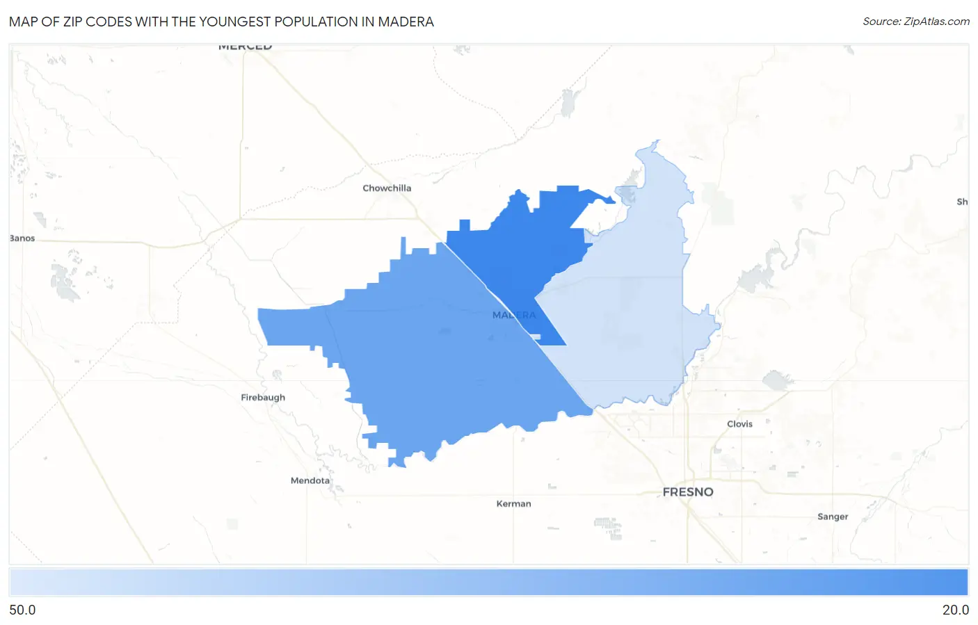 Zip Codes with the Youngest Population in Madera Map