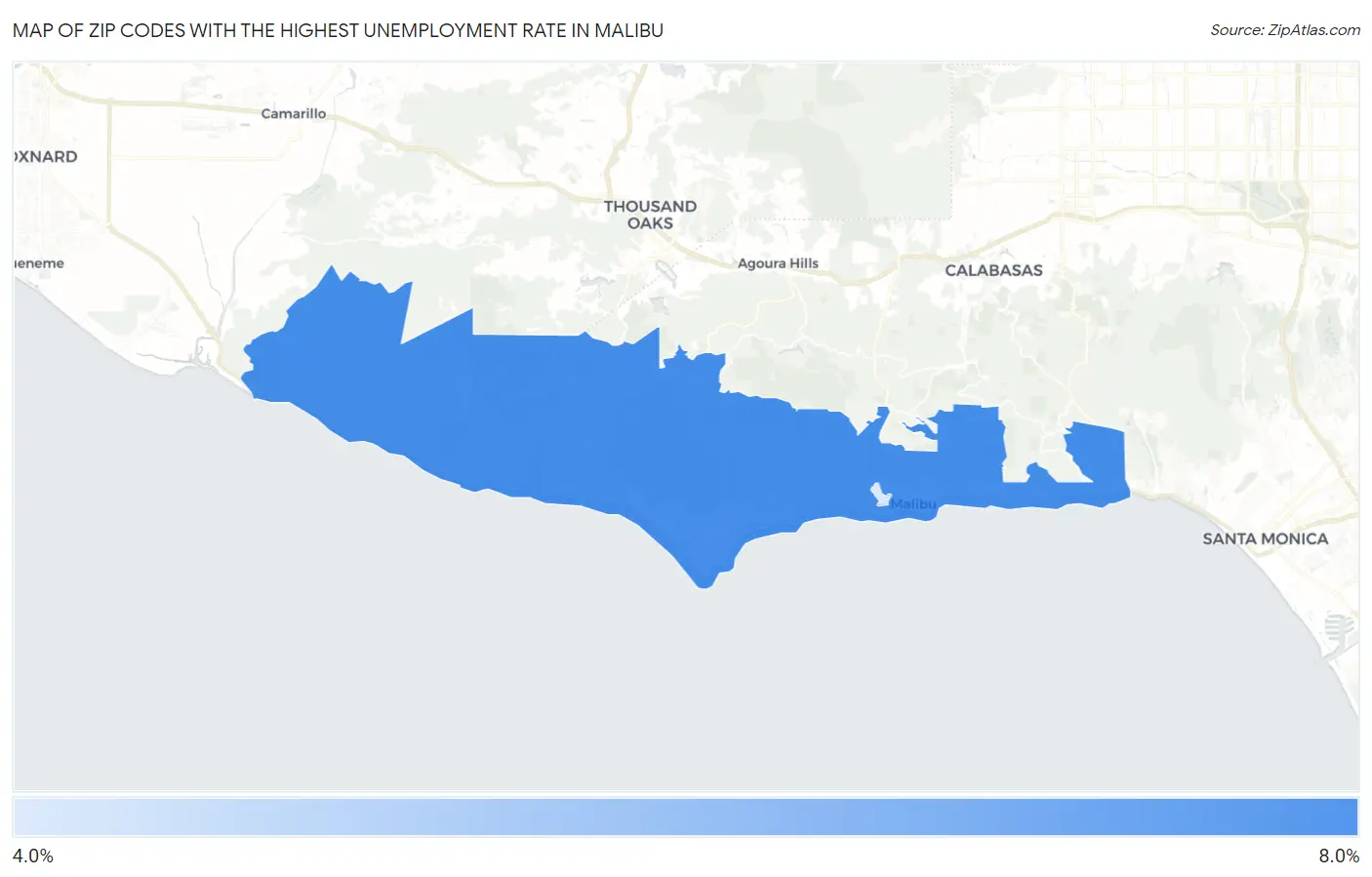 Zip Codes with the Highest Unemployment Rate in Malibu Map