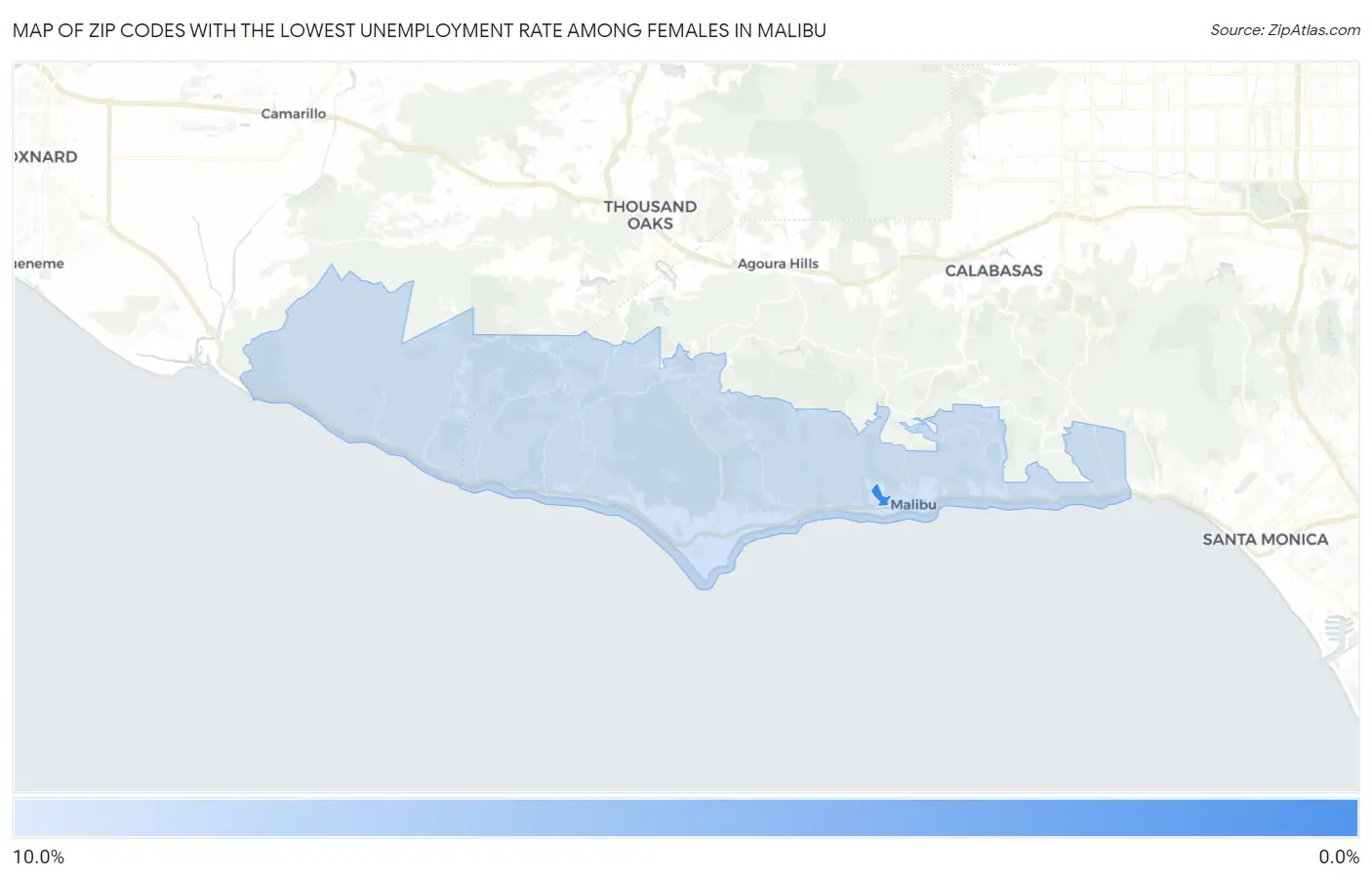 Zip Codes with the Lowest Unemployment Rate Among Females in Malibu Map