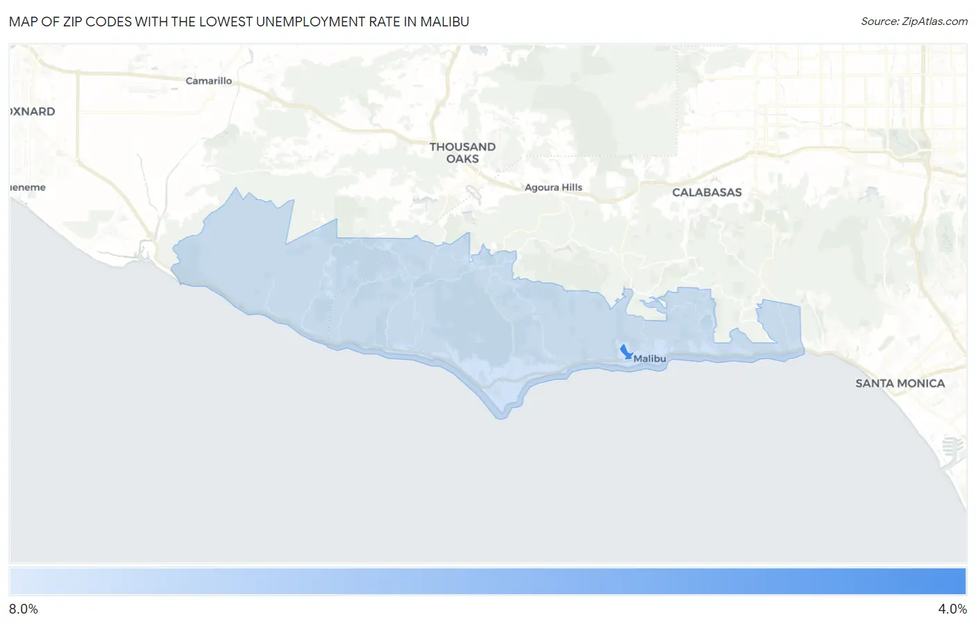 Zip Codes with the Lowest Unemployment Rate in Malibu Map