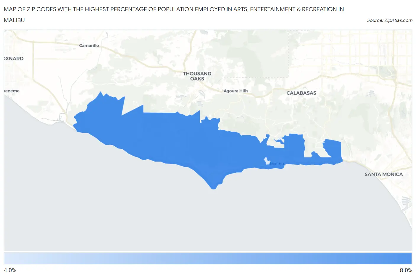 Zip Codes with the Highest Percentage of Population Employed in Arts, Entertainment & Recreation in Malibu Map
