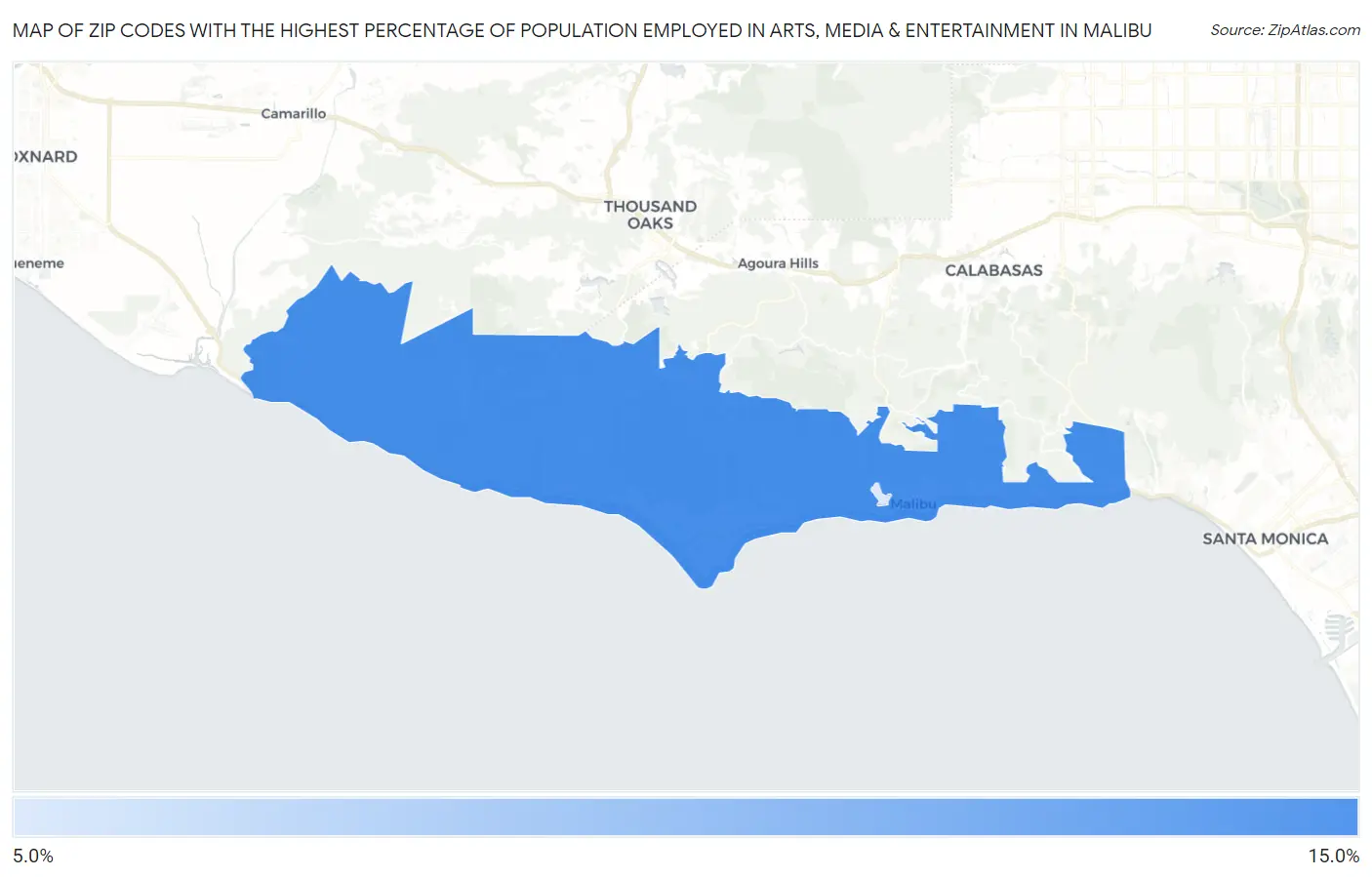 Zip Codes with the Highest Percentage of Population Employed in Arts, Media & Entertainment in Malibu Map