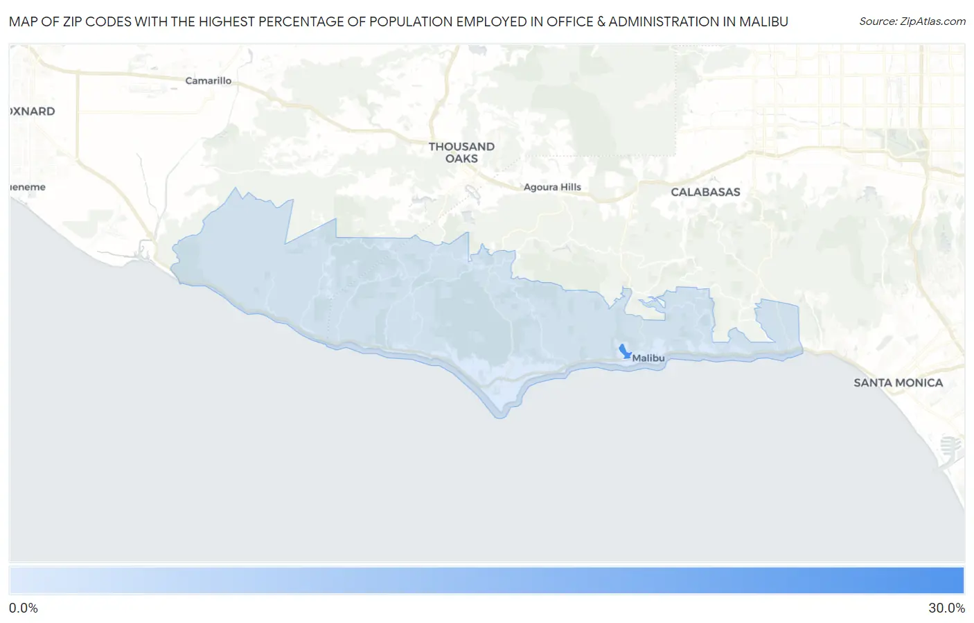 Zip Codes with the Highest Percentage of Population Employed in Office & Administration in Malibu Map