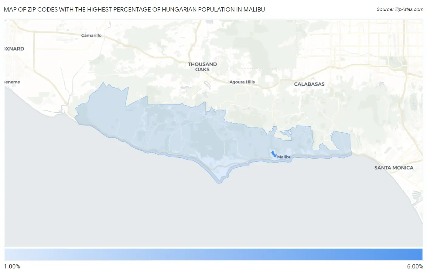 Zip Codes with the Highest Percentage of Hungarian Population in Malibu Map