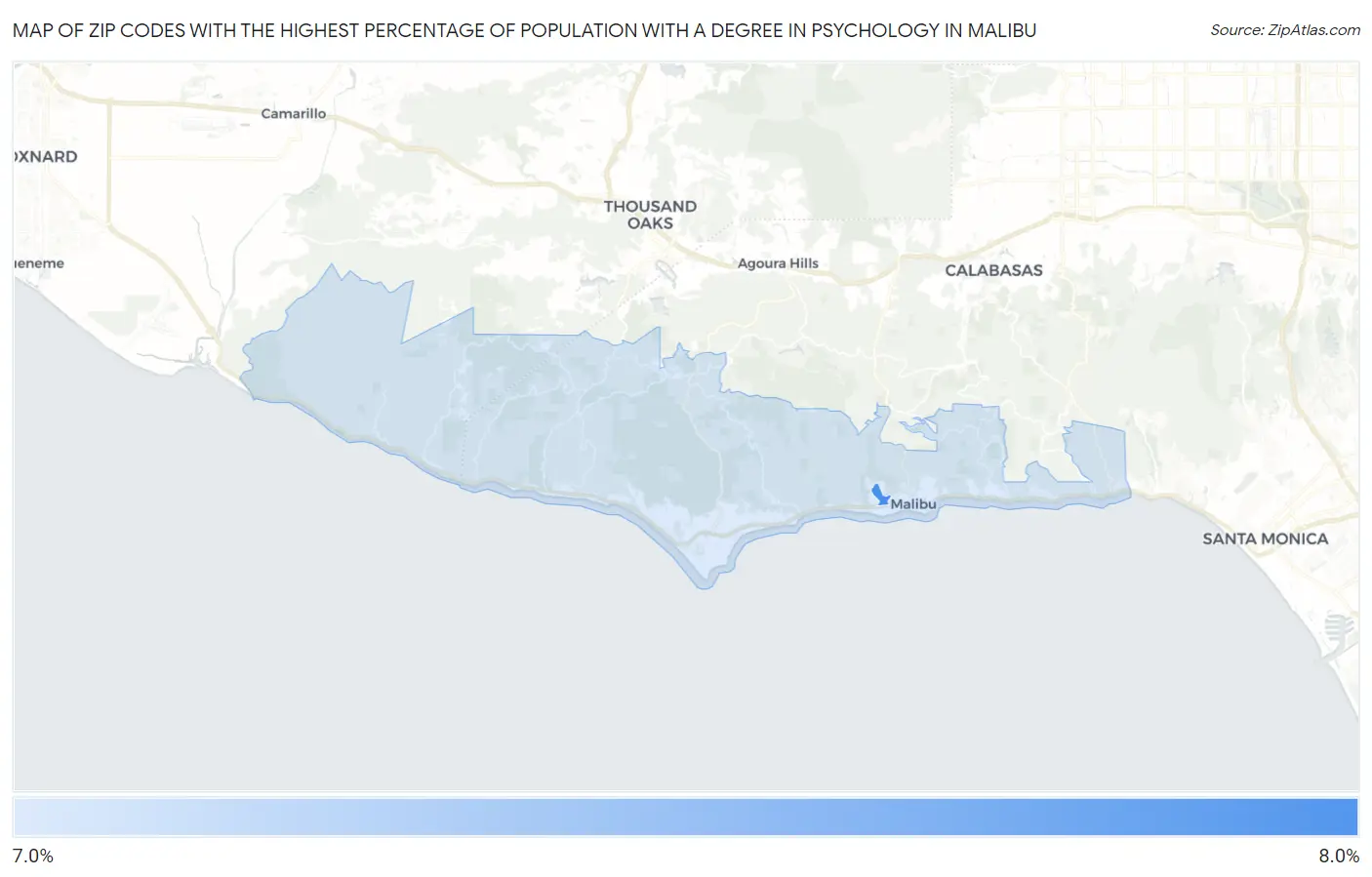 Zip Codes with the Highest Percentage of Population with a Degree in Psychology in Malibu Map