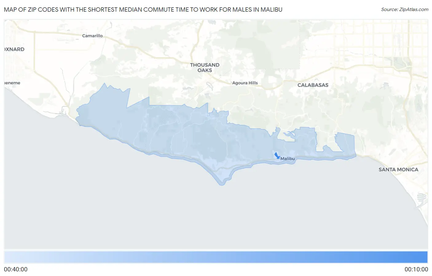 Zip Codes with the Shortest Median Commute Time to Work for Males in Malibu Map